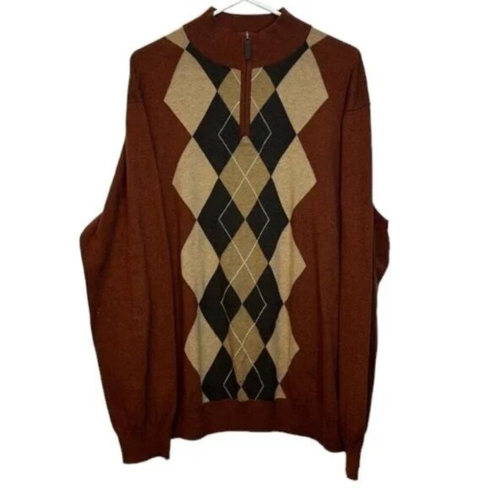 Tasso Elba Rust Knit Argyle Quarter Zip Sweater Zip Pullover Size XL EUC #7327
